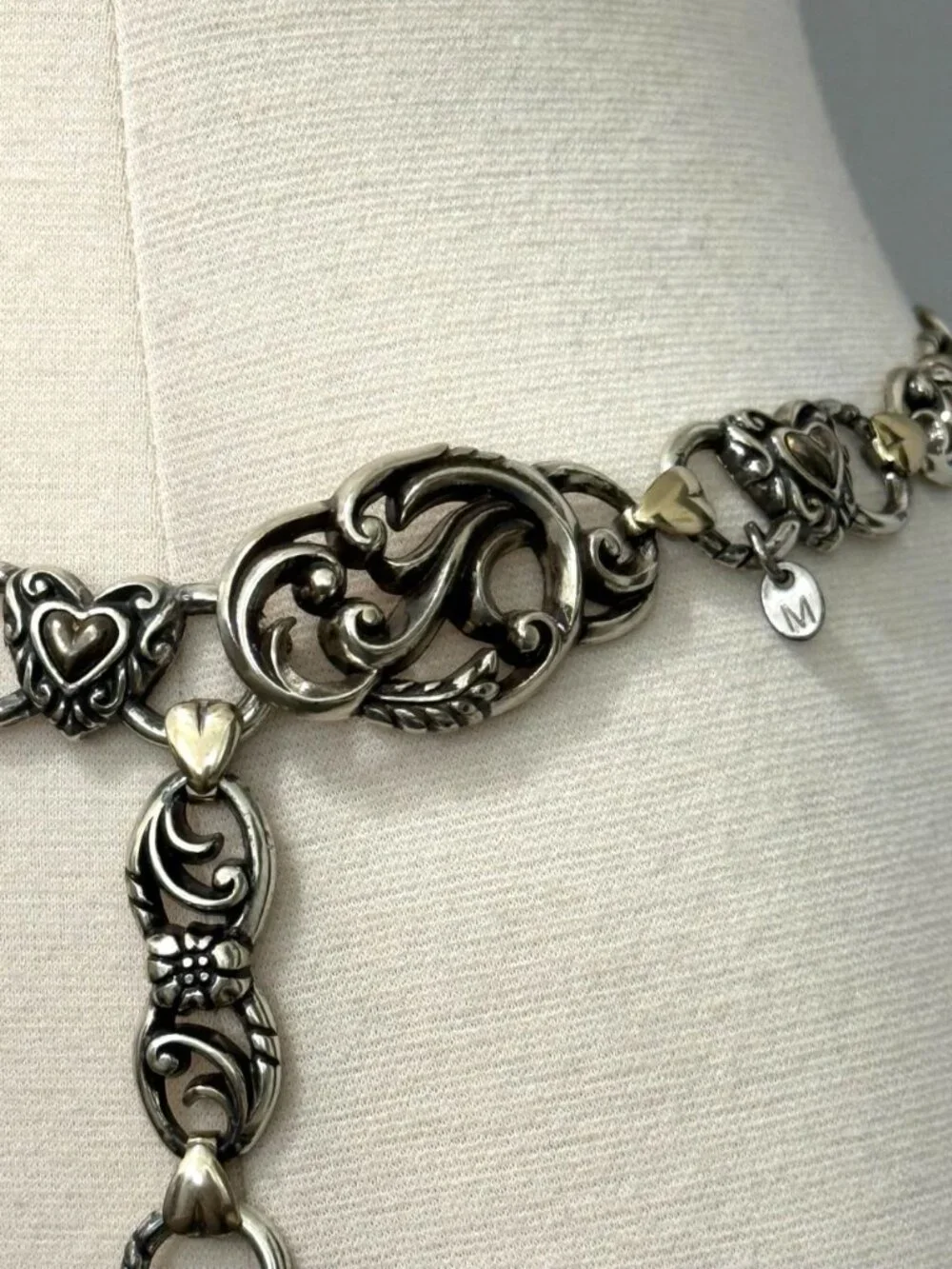 Vintage Brighton Metal Chain Adjustable Belt Hearts & Floral Scroll Size M 35